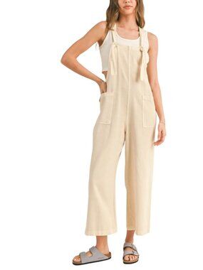 Fray Knot Strap Cropped Bib Overalls, Oatmeal, M